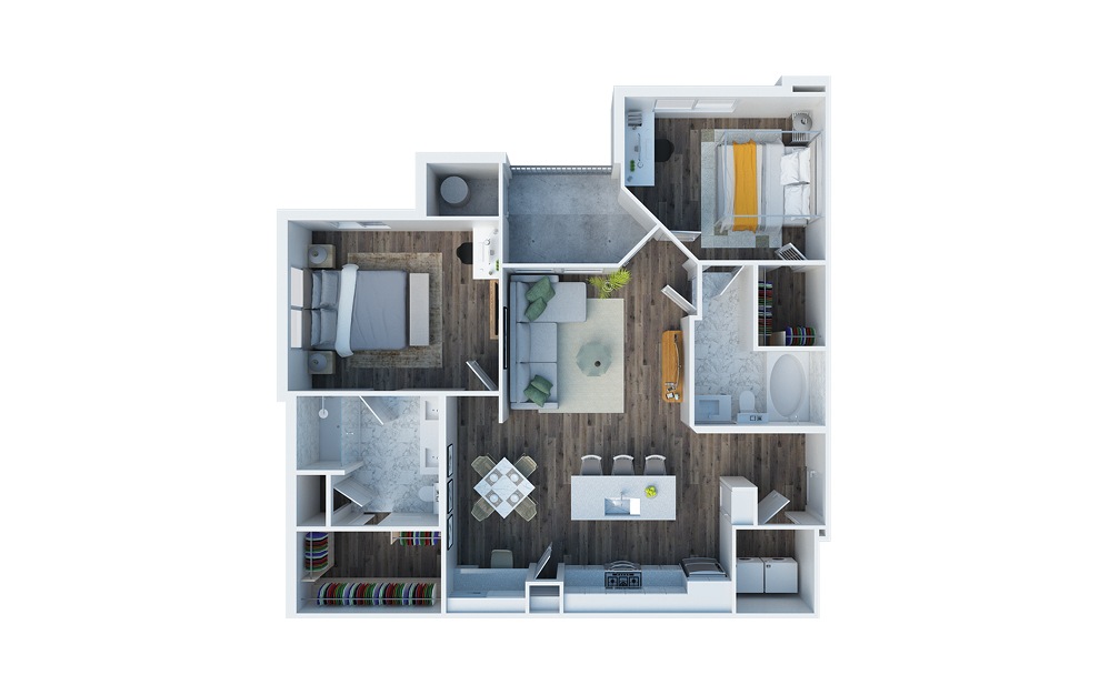 B1 - 2 bedroom floorplan layout with 2 baths and 1052 square feet.